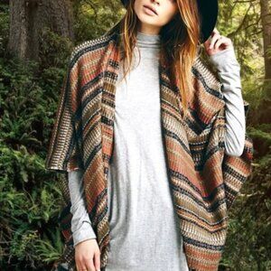 Free People Fringed Boho Ruana Shawl Open Front One Size